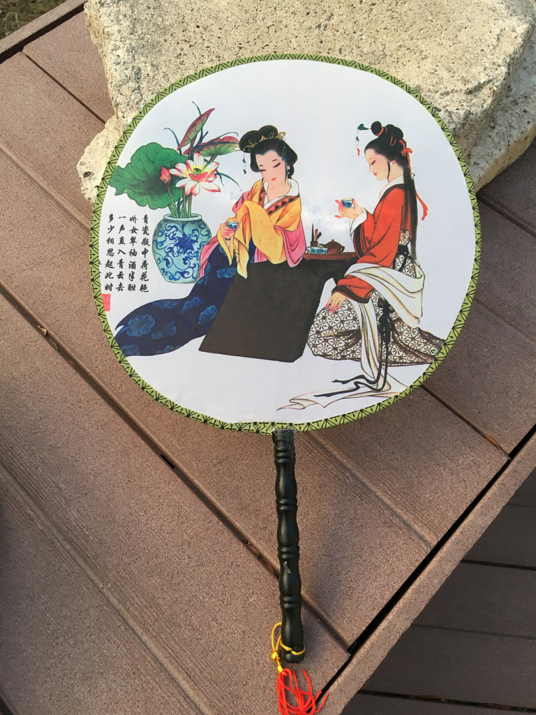 Feng Shui Hand Fan with Two Chinese Beauties Having Tea