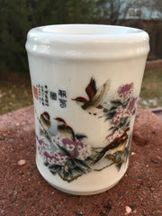 Five Birds with Peach Blossoms Executive Porcelain Pen Holder for Desk