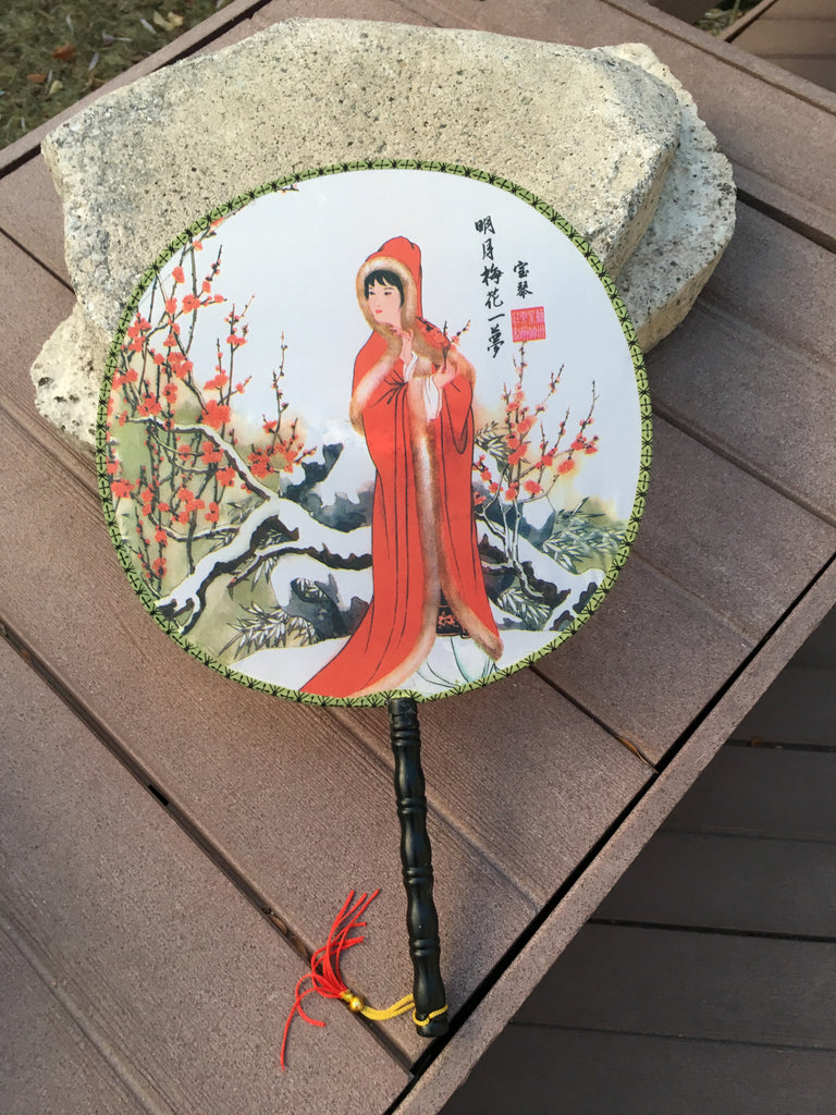 Feng Shui Hand Fan with Chinese Beauty in a Red Hooded Coat